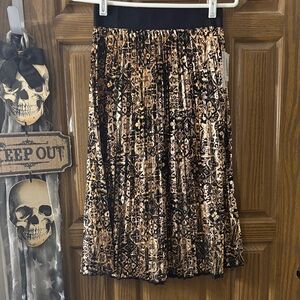Black and Metallic Gold Pleated Midi Skirt